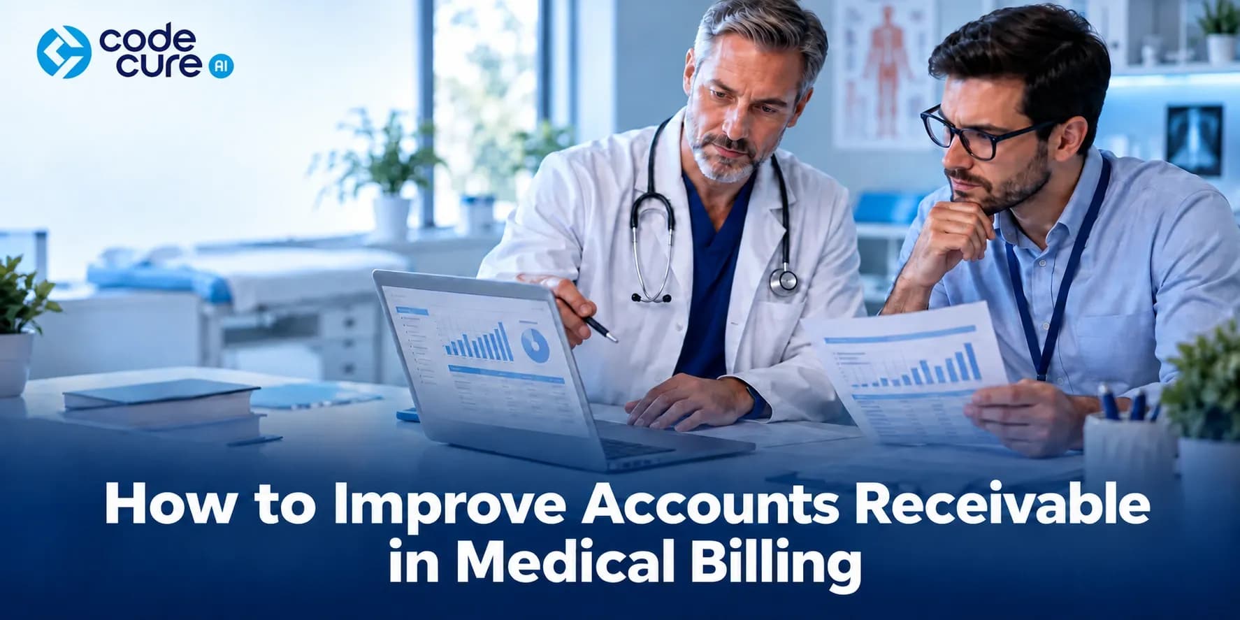 Two male doctors reviewing accounts receivable reports on a laptop in a medical office.