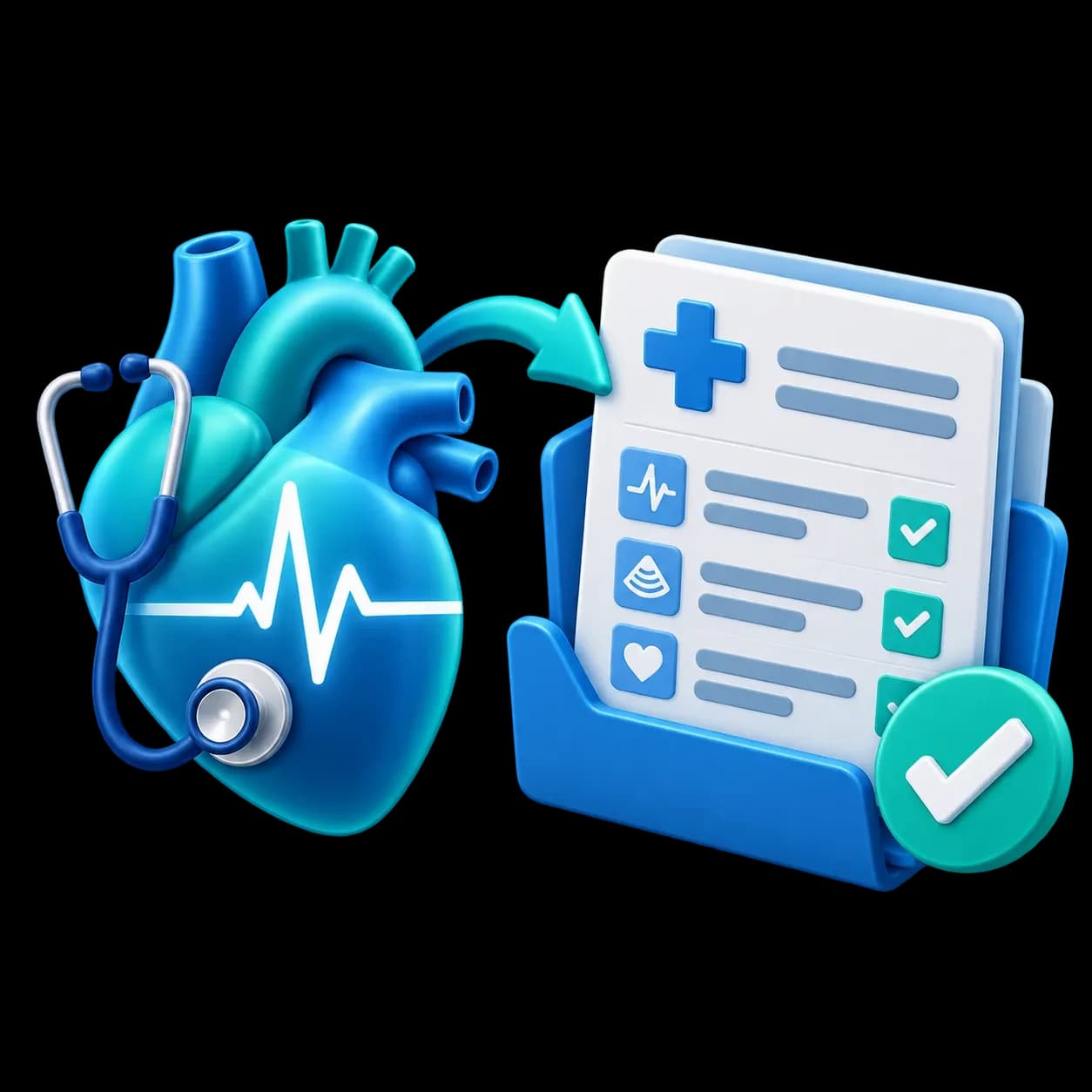CodeCure AI cardiology billing services illustration showing a heart, ECG, and verified cardiac claims.