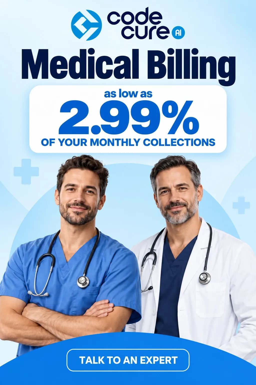CodeCure AI medical billing poster featuring two male doctors and an offer of rates as low as 2.99% of monthly collections.