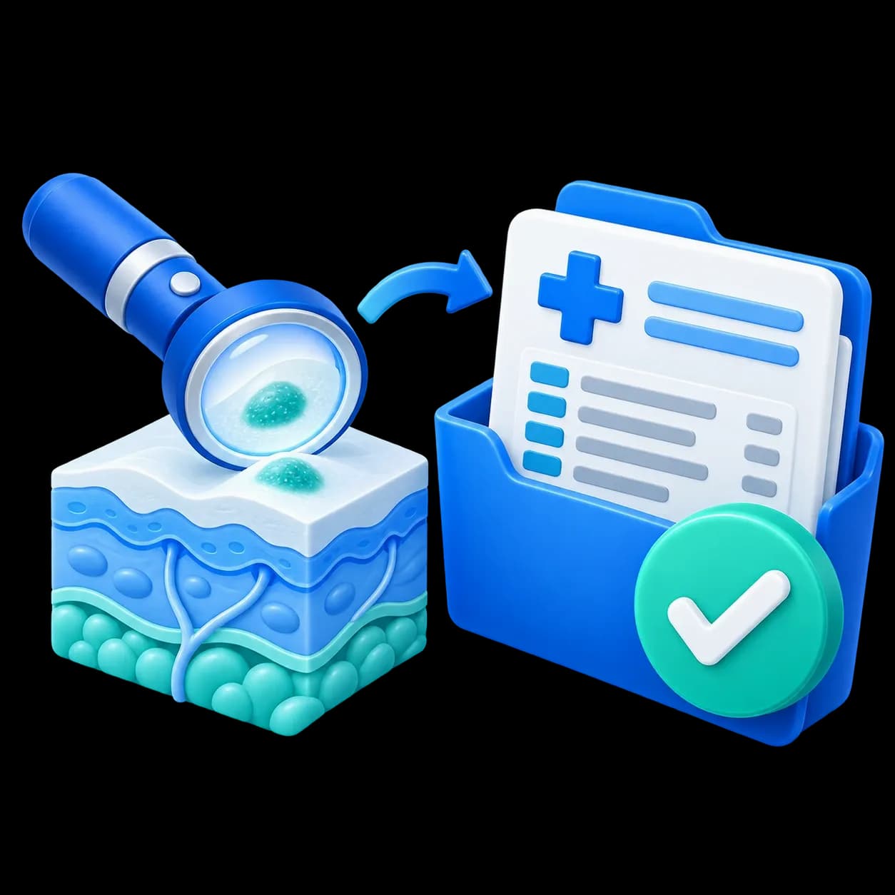 CodeCure AI dermatology billing services illustration showing a skin examination and verified medical claim.