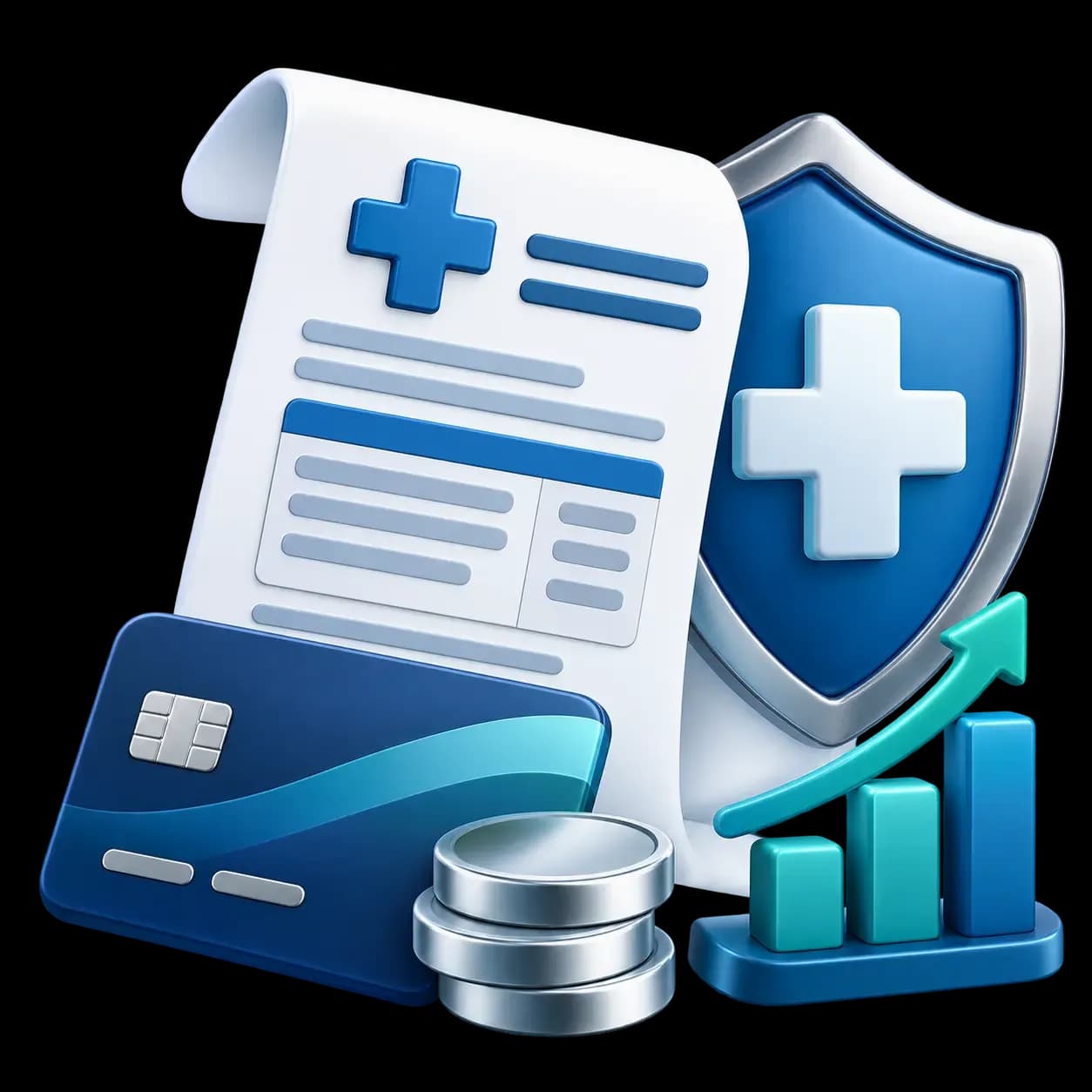 CodeCure AI medical billing services icon with a claim, payment card, security shield, and revenue chart.