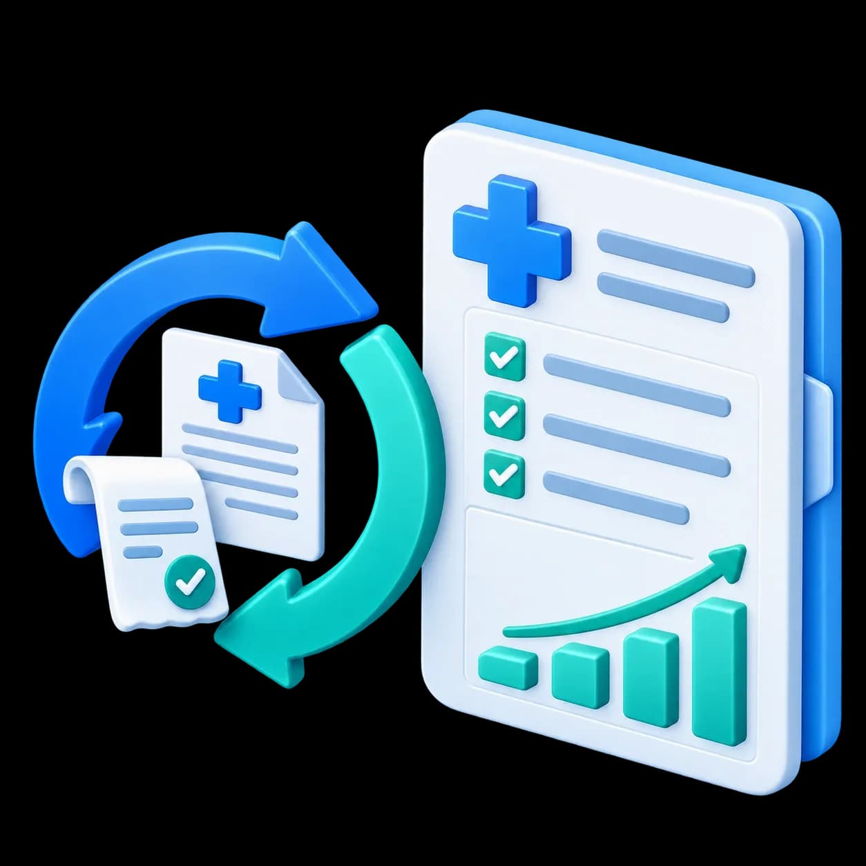 CodeCure AI revenue cycle management services illustration showing medical claims, billing workflows, verified payments, and a rising performance chart.
