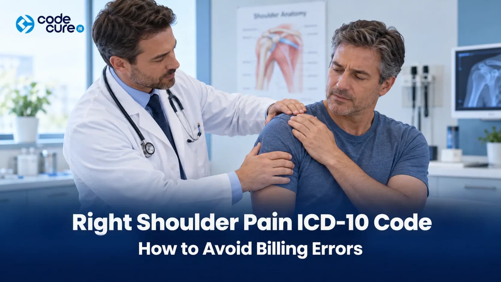 CodeCure AI blog image of a male doctor examining a patient’s right shoulder, with a heading about ICD-10 coding and billing errors.