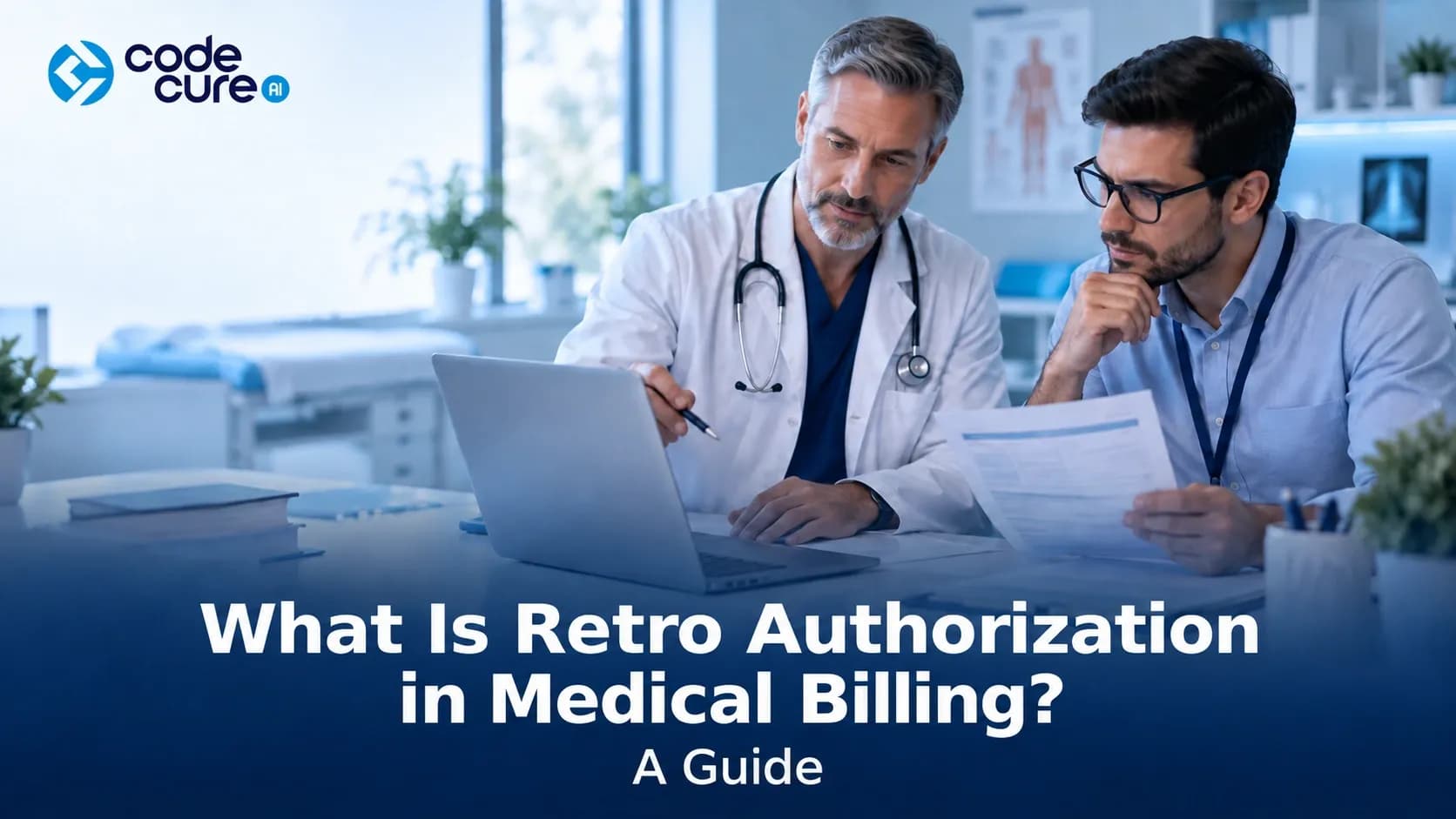 CodeCure AI featured image of a male doctor and billing specialist reviewing paperwork at a laptop, with the title ‘What Is Retro Authorization in Medical Billing? A Guide.